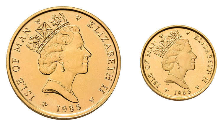 2 Goldmünzen. 1 Angel 1985 und 1/4 Angel 1986. Zusammen ca. 38.9 g.f.