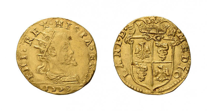 Mailand, Philipp II. von Spanien (1554 - 1598), Doppia 1593.
Kopf mit Strahlenkr...