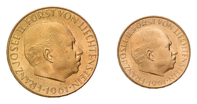 Franz Josef II. 1938-1989. Set 25 und 50 Franken 1961, Bern. 100. Jahrestag 
der...