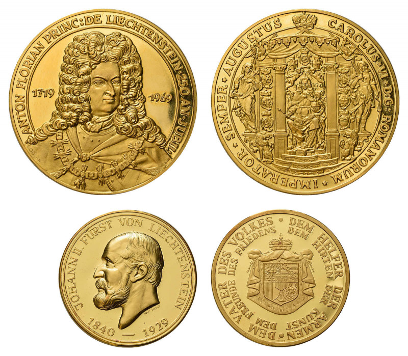 * 2 repräsentative Medaillen des Fürstentum Liechtenstein in Gold, jeweils im
Or...