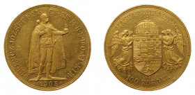 Franz Joseph I. 1848 - 1916, 100 Kronen 1908 KB Kremnitz. Frühwald 2055.
ca. 30,5 g.f.