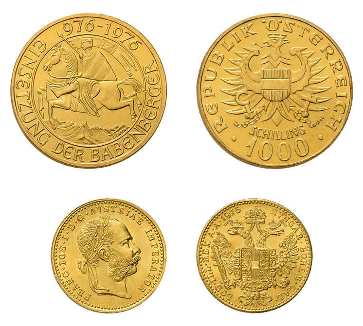 2 Goldmünzen Österreich. Dabei 1 Dukat 1915 sowie 1000 Schilling 1976
Babenberge...