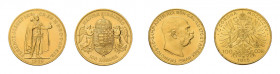 2 Goldmünzen Österreich-Ungarn. Franz-Joseph I., 100 Kronen 1915 und
100 Korona 1908. Beide offizielle Nachprägungen. Zusammen ca. 61,2 g.f.
