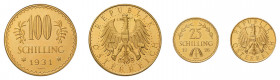 4 Goldmünzen Österreich. Dabei 25 Schilling 1926, 100 Schilling 1931, 4
Dukaten 1915 sowie 100 Kronen 1915.