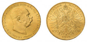 Franz Josef, 1848 - 1916. 30 Exemplare von 100 Kronen 1915, Wien.
Kopf nach rechts, darunter Signatur / Einfach gekrönter Doppeladler zwischen 
geteil...