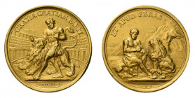 Goldene Verdienstmedaille o. J. (um 1725), von J. Dassier. Auf einem Stein 
sitzender Androclus, einem Löwen einen Dorn aus der Pranke ziehend. 
Rv. L...