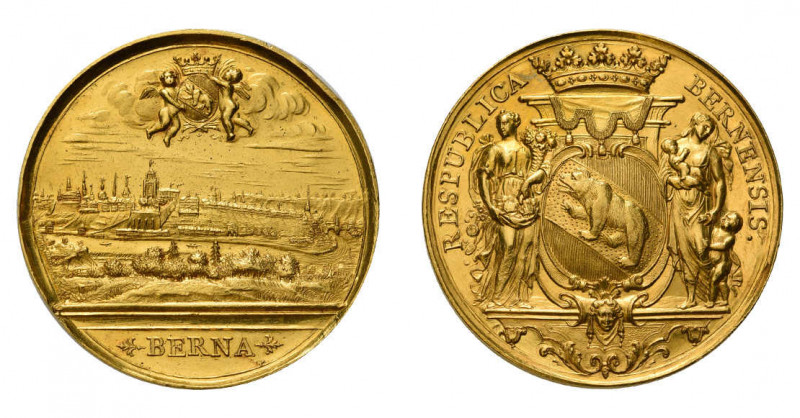Bern, Stadt. Goldene Verdienstmedaille zu 10 Dukaten o.J. (1741). 
Stempel von J...