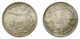 * 5 Franken 1851 A. 25 g. HMZ 2-1197b. Prachtvolle Erhaltung. FDC.