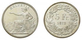 * 5 Franken 1873 B. 25 g. HMZ 2-1197c. Prächtiges Exemplar und sehr selten, 
da nur 30‘500 Exemplare geprägt wurden.