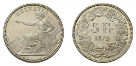 * 5 Franken 1873 B. 25 g. HMZ 2-1197c. Prächtiges Exemplar und sehr selten, 
da nur 30‘500 Exemplare geprägt wurden.