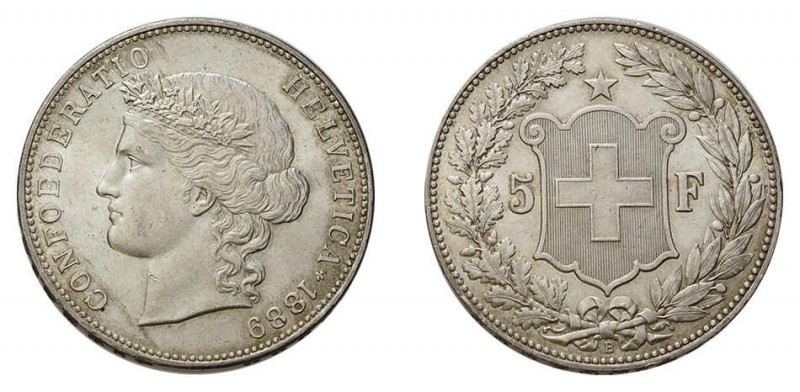 * 5 Franken 1889 B, Bern. 25,2 g. HMZ 2-1198b. Frisches, unzirkuliertes 
Exempla...