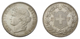 * 5 Franken 1889 B, Bern. 25,2 g. HMZ 2-1198b. Frisches, unzirkuliertes 
Exemplar. Selten in dieser hervorragenden Erhaltung.