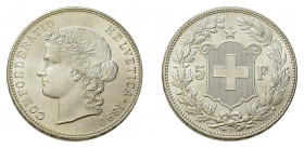 * 5 Franken 1890 B, Bern. 25 g. HMZ 2-1198c. Frisches, unzirkuliertes Exemplar. 
Selten in dieser hervorragenden Erhaltung.