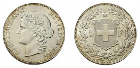 * 5 Franken 1892 B, Bern.25,2 g. HMZ 2-1198e. Stempelfrisches Prachtexemplar. 
Selten in dieser hervorragenden Erhaltung.