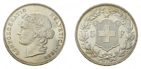 * 5 Franken 1894 B, Bern. 25,1 g. HMZ 2-1198f. Ein absolutes Prachtexemplar 
dieser sehr seltenen Münze.