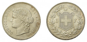 * 5 Franken 1908 B, Bern. 25g. HMZ 2-1198l. Unzirkuliertes Exemplar.