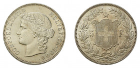 * 5 Franken 1909 B, Bern .25 g. HMZ 2-1198m. Unzirkuliertes Exemplar.