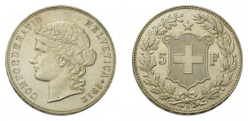 * 5 Franken 1912 B, Bern. 25 g. HMZ 2-1198n. Absolutes Prachtexemplar! 
Sehr selten, da nur 11‘400 Exemplare geprägt wurden.