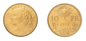 Eidgenossenschaft, 10 Franken 1911 B. 3,22 g. Divo 273. Fb. 503. 
Prachtvolles Exemplar.