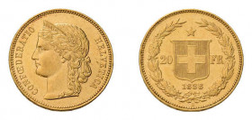 20 Franken 1888. Helvetiakopf mit Diadem nach links. Rückseite Schweizer 
Wappenschild zwischen der geteilten Wertangabe, oben ein Stern, unten 
die J...
