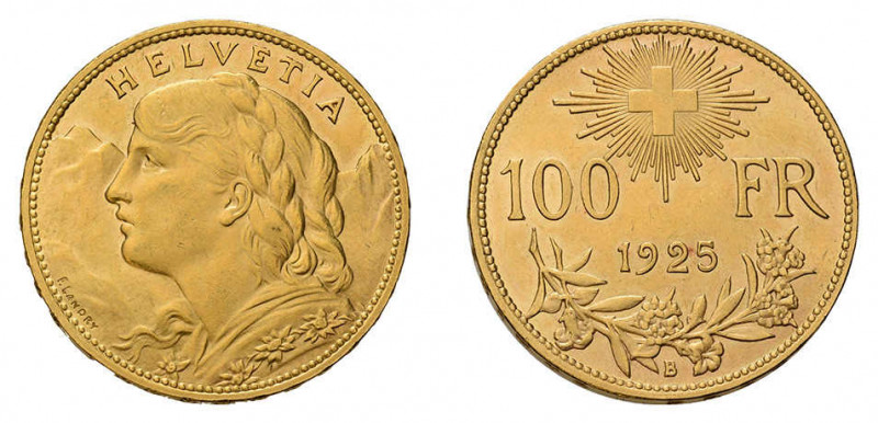 100 Franken 1925 B. Vs. Frauenbüste mit geflochtenem Zopf, das Kleid mit
Edelwei...