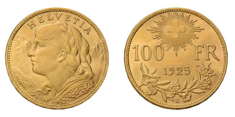 100 Franken 1925 B. Vs. Frauenbüste mit geflochtem Zopf, das Kleid mit
Edelweiss...