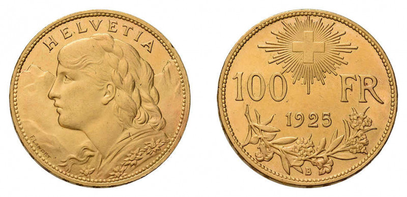 100 Franken 1925 B. Vs. Frauenbüste mit geflochtem Zopf, das Kleid mit
Edel­weis...