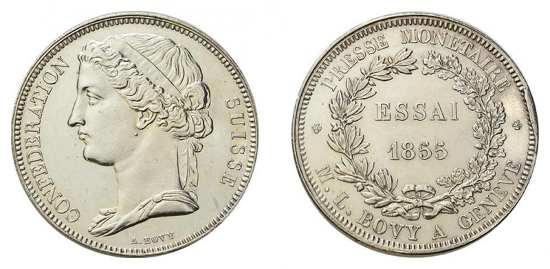 * 5 Franken 1855, Probe von Antoine Bovy, Genf, 25,16 g. HMZ 2-1229b. 
Vorzüglic...