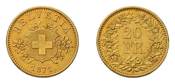 20 Franken 1871, Probe Bern
Vorderseite HELVETIA über verziertem Wappen, unten d...