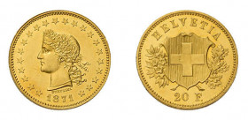 20 Franken 1871 Durussel-Probe. Bern, 6,47 g.
HMZ 2-1226a. Divo 11, Friedberg 2.
Sehr seltenes Prachtexemplar.