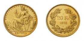 20 Franken 1873, Bern. 2 Punkt-Probe von Leopold Wiener. 6,4 g.
HMZ 2-1227a. Divo 18, Friedberg 4. Sehr selten, vorzüglich erhalten.