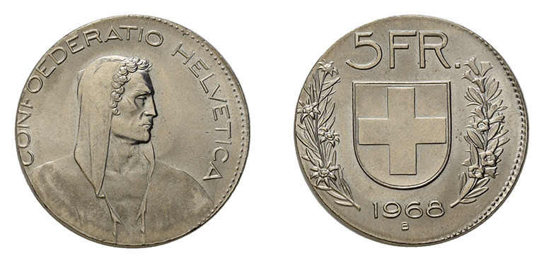 * Eidgenossenschaft. Fehlprägungen. 5 Franken 1968 B, geprägt auf einer 2 
Frank...