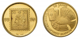 * Goldmedaille „50 Jahre Schweizer-Luftpost-Marken“ 1969, vermutlich 
herausgegeben als Auszeichnung für eine Goldmedaille in einem 
Briefmarkenwettbe...