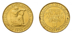 * 100 Franken 1939. Eidgenössisches Schützenfest in Luzern. HMZ 2-1344b; 
Fb. 506. Unzirkuliert, im Originaletui. Selten. 17,5 g.