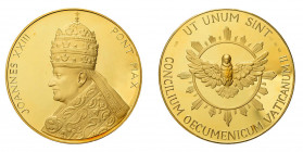 * Johannes XXIII., 1958-1963. Grosse Goldmedaille ohne Jahr. 
Herausgegeben anläßlich des II. Ökumenischen Vatikanischen Konzils. 
Brustbild l. mit Ti...