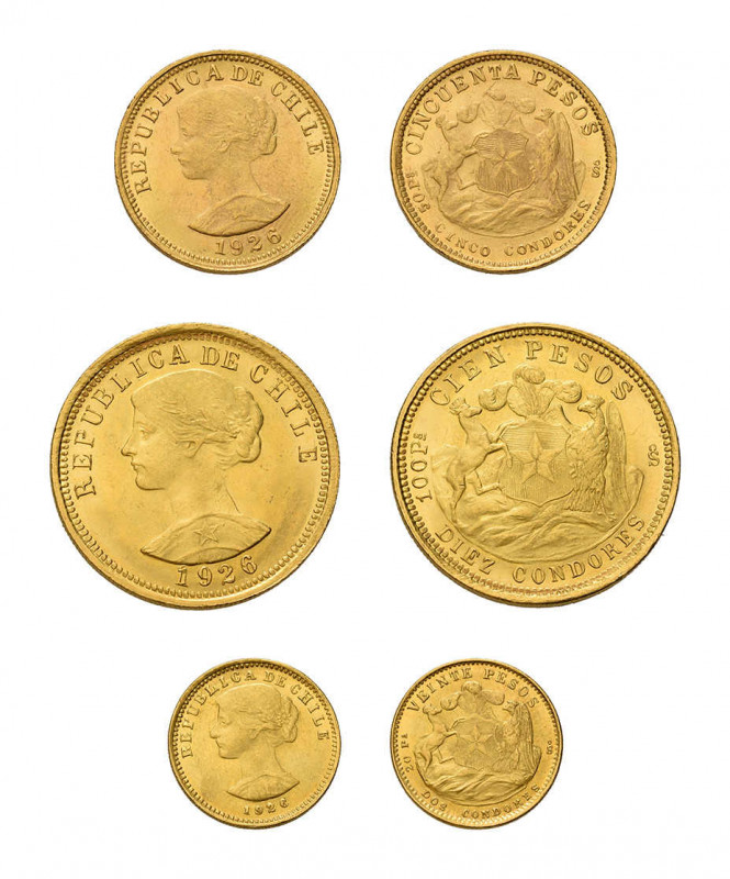 3 Goldmünzen Chile. 20, 50 und 100 Pesos 1926. Fb. 54, 55 und 56.
Zusammen ca. 3...