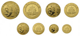 CHINA Gold Panda Münzset bestehend aus 20 Yuan 1/20 Unze, 50 Yuan 
1/10 Unze, 100 Yuan ¼ Unze und 200 Yuan ½ Unze, 2001.