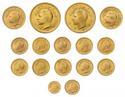 16 persische Goldmünzen. Dabei 1/4 Pahlavi, 1/2 Pahlavi, 10 x 1 Pahlavi, 
2 x 2,5 Pahlavi und 2 x 5 Pahlavi. Zusammen ca. 188,6 g.f.