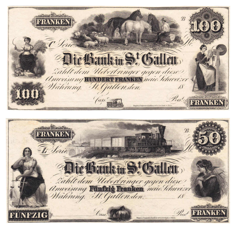 * Bank in St. Gallen, 3 Noten zu 20, 50 und 100 Franken, nach 1852, gedruckt 
be...