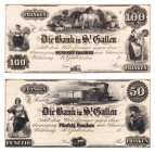 * Bank in St. Gallen, 3 Noten zu 20, 50 und 100 Franken, nach 1852, gedruckt 
bei Toppan & Co., New York. Von grosser Seltenheit.