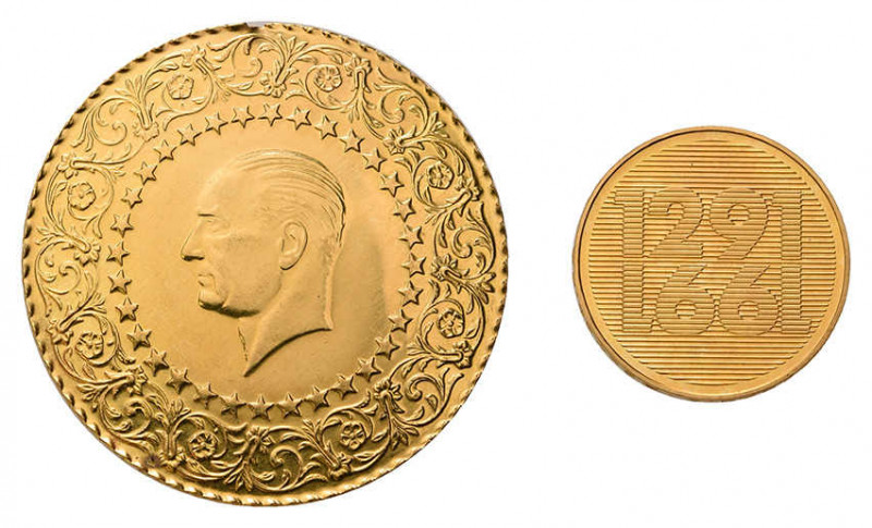 2 Goldmünzen Europa. Dabei 250 Piaster de Luxe Türkei 1974 und 250 Franken 
1991...