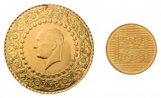 2 Goldmünzen Europa. Dabei 250 Piaster de Luxe Türkei 1974 und 250 Franken 
1991 zur 700 Jahre Feier der Schweizerischen Eidgenossenschaft.
Zusammen c...