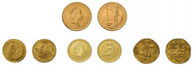 4 Goldmünzen. Dabei Dukat 1648 Holland, Italien - Sizilien, Carlo Borbone, 
Oncia d'oro 1752 (Fb. 887), 1/2 Unze 1987 Britannia sowie 1/4 Unze 2012 
A...