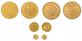 8 Goldmünzen alle Welt. Dabei 20 Dollar USA 1891S, Österreich 100 Schilling 
1931, 2 x 1 Peso 1865 Mexiko, 10 Francs Frankreich 1857A, 2 x 1 Sovereign...