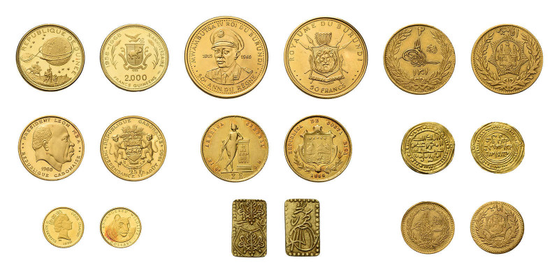 9 Goldmünzen alle Welt. Dabei 2 Escudos 1854 Costa Rica, 50 Francs 1965 
Burundi...