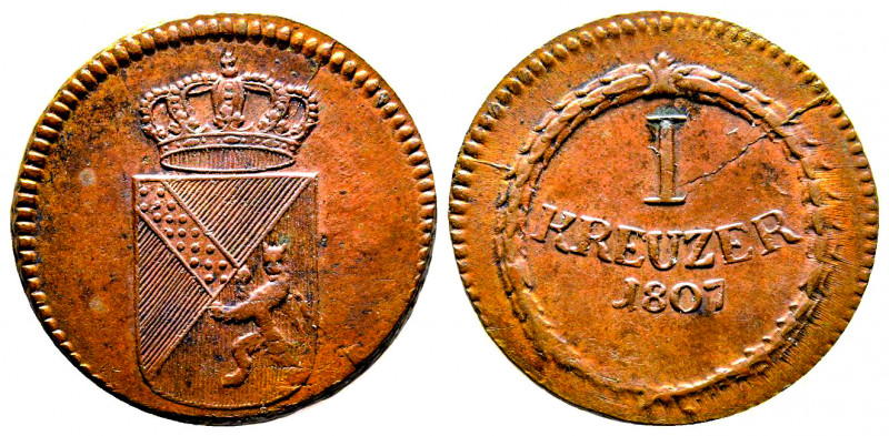 BADEN 1 KARL FRIEDRICH Kreuzer 1807 , AE 5,51 g., TB