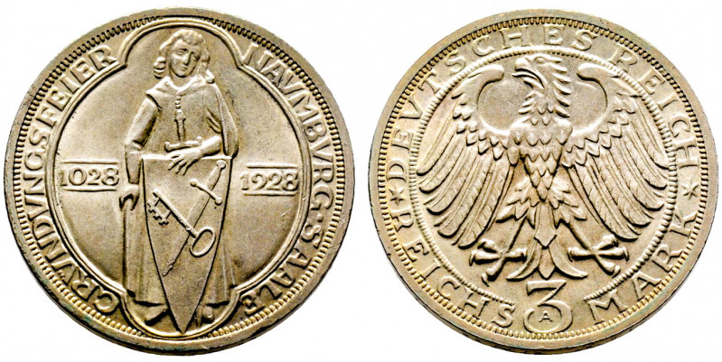 République de Weimar (1918-1933), 3 Marks, 1928 A "Naumburg", AG 15 g., FDC