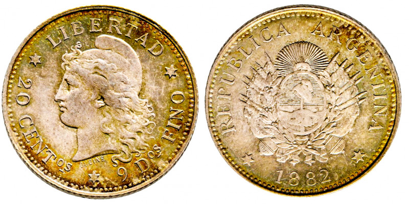 Argentine, 1882, 20 Centavos AG 4,99 g. FDC EX PCGS MS65 ( cert n° 82139744)