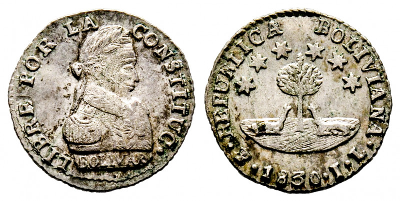 Bolivie, République, 1/2 Sol, 1830 PTS, Potosi, AG 1,65 g., Refv : KM#93.2 SUP