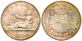 Gobierno Provisional (1868-1871).
5 pesetas, 1870*18-70. Madrid. SNM, AG 24.78 g.
Superbe